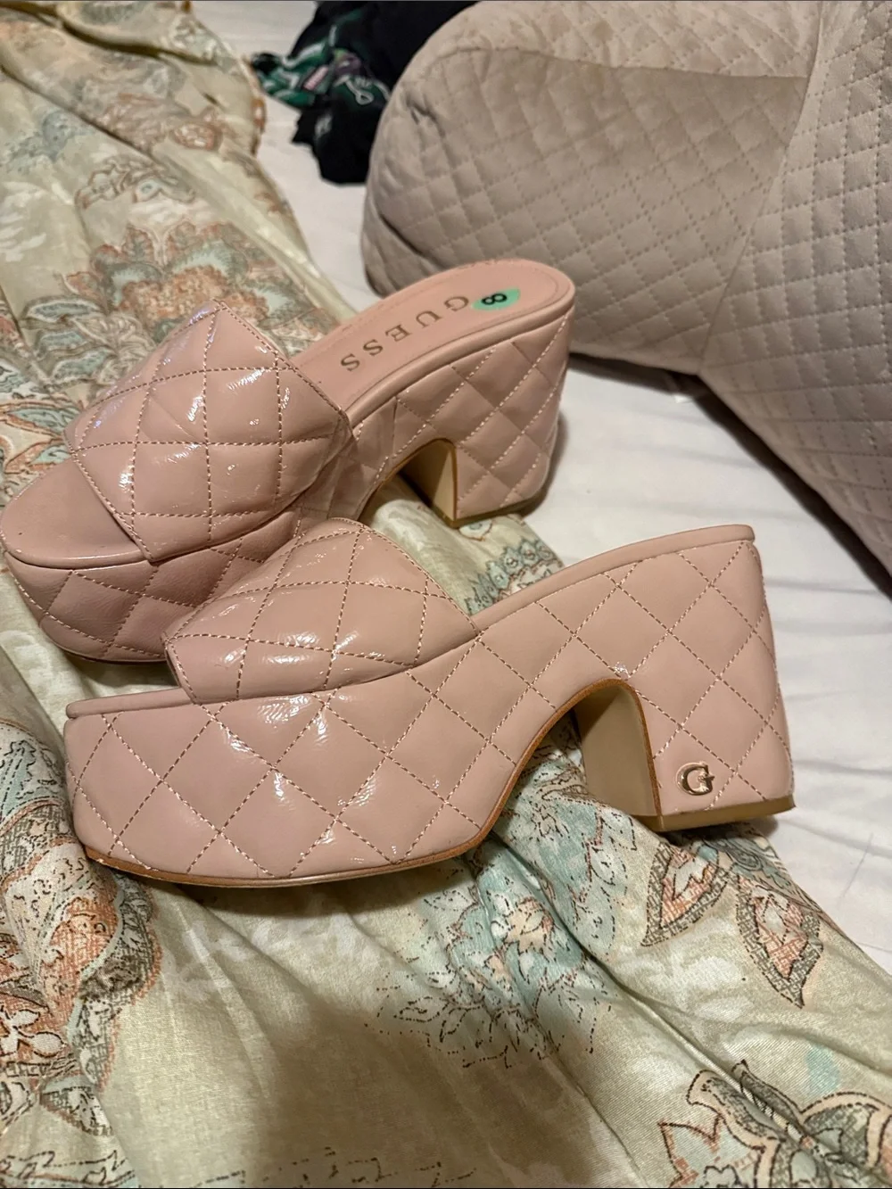 GUESS Quilted Blush Platform Slide Heels